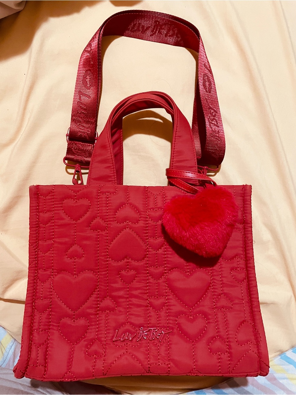 Betsey Johnson Red Quilted Heart Tote with Heart Pom